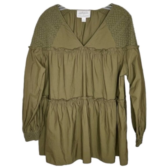 Mare Mare x Anthropologie Renee Smocked Shoulder Tiered Tunic - Olive - 1X - Picture 2 of 9